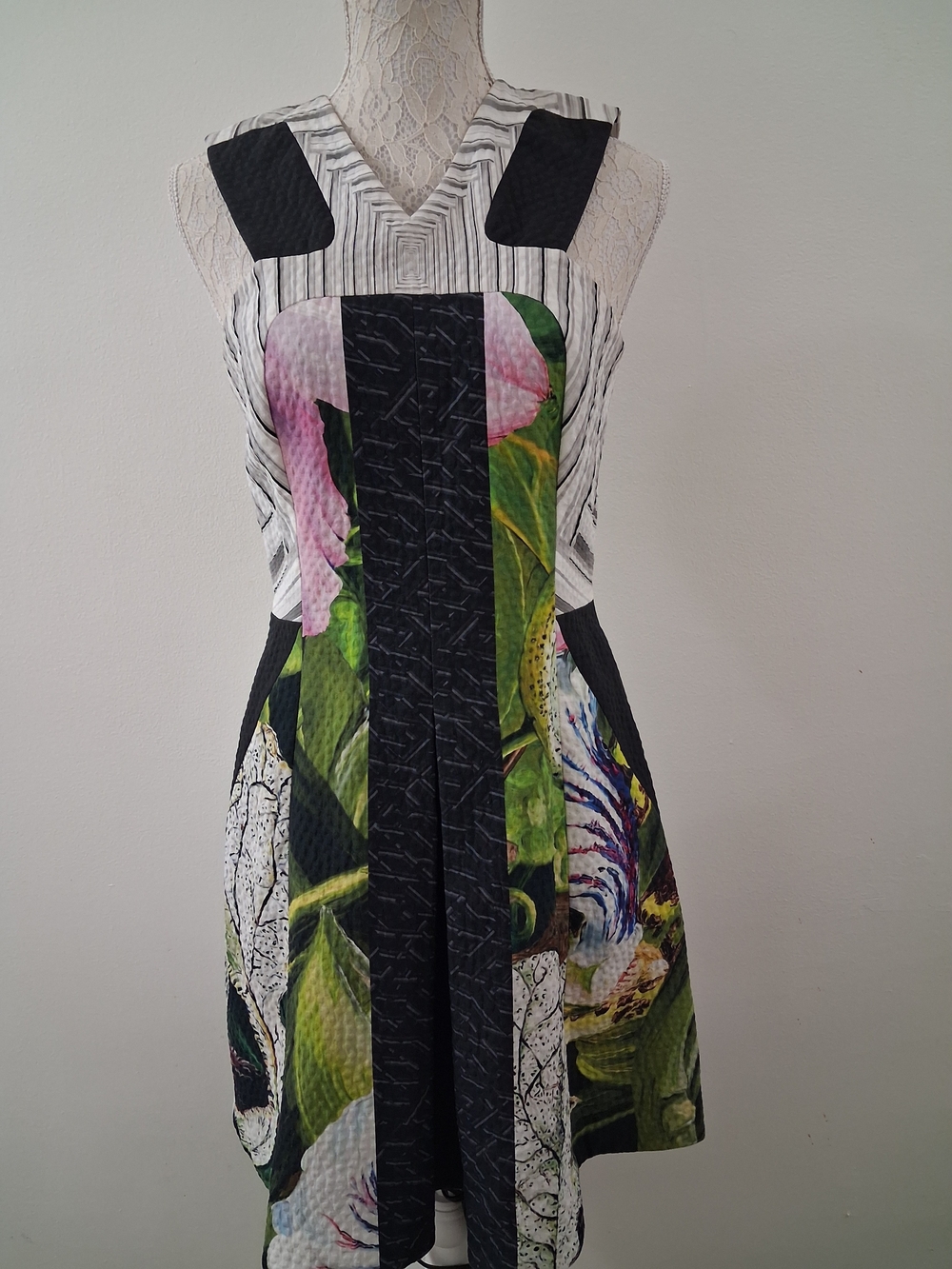 Peter Pilotto Black, White, Green, Pink Floral Panel Dress